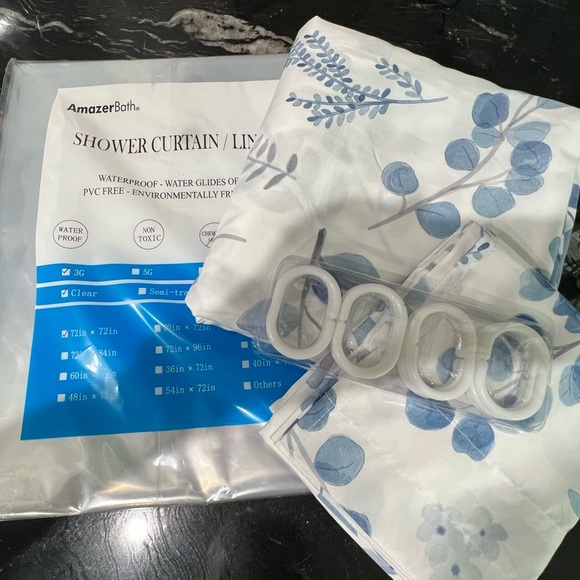 Boho bath set - Floral Shower Curtain, liner w/ hooks & window valance - Picture 2 of 14